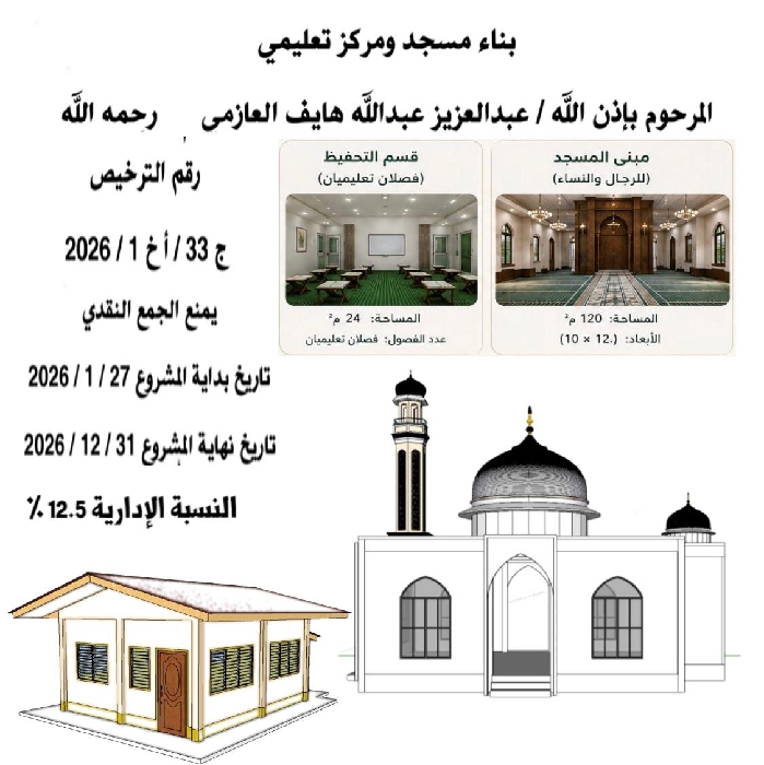 صورة مشروع بناء مسجد ومركز تعليمي المرحوم بإذن الله / عبدالعزيز عبدالله هايف العازمي    رحمه الله